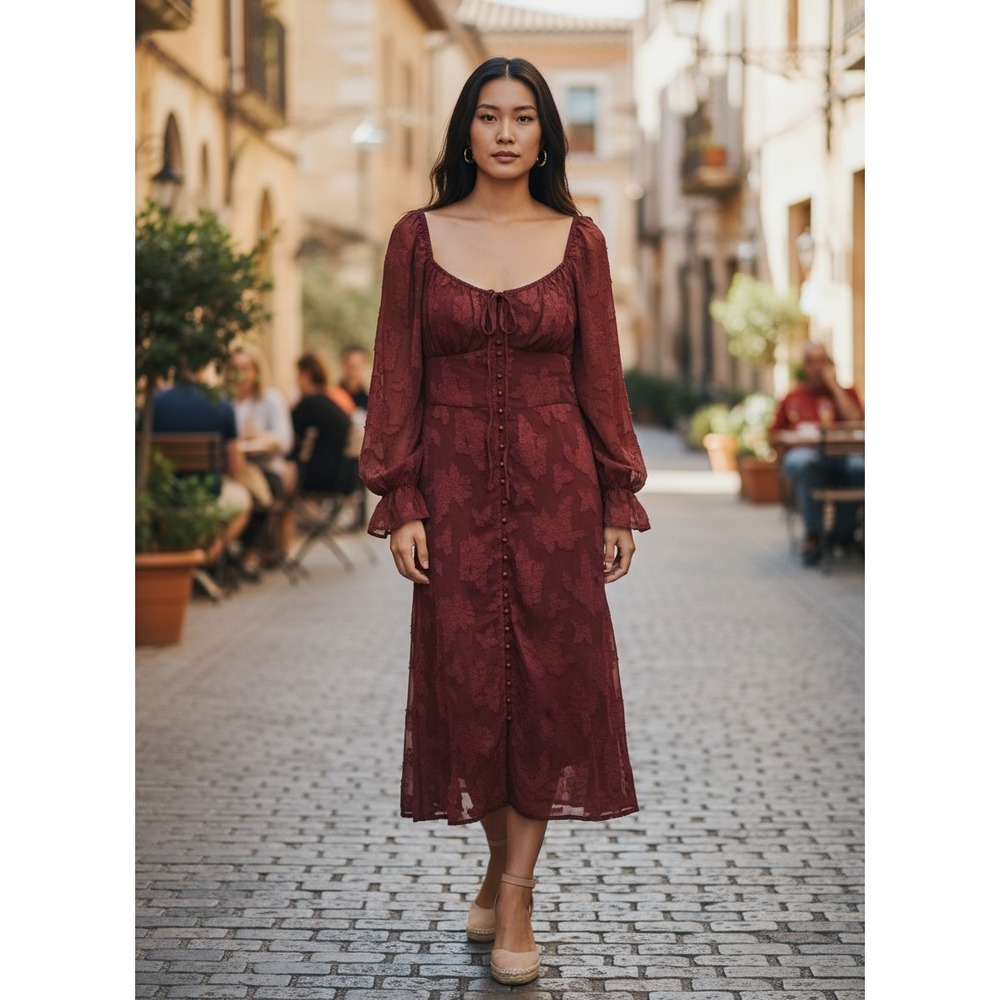 Midi Dress Womens 12 Rust Red Floral Burnout Button Front Whimsigoth Boho Earthy